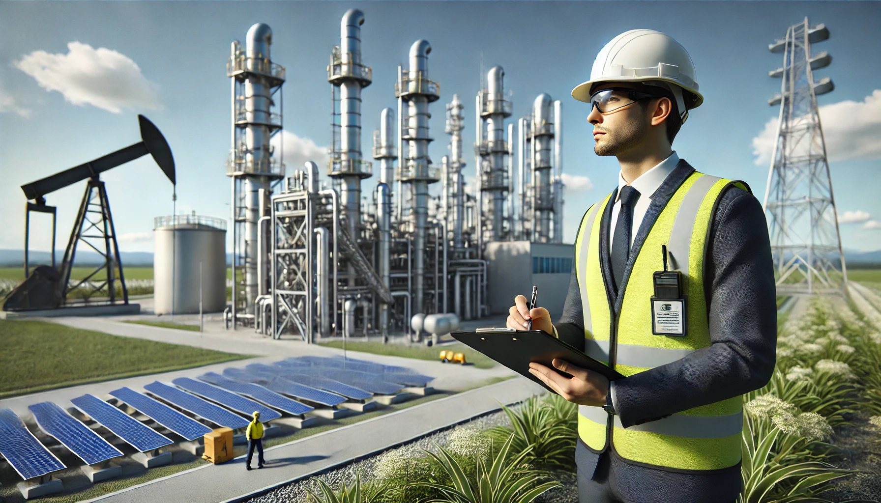 DALL·E 2025-01-26 15.31.25 - A realistic cover photo of a person conducting an audit at an oil facility. The person, dressed in appropriate safety gear including a helmet, safety