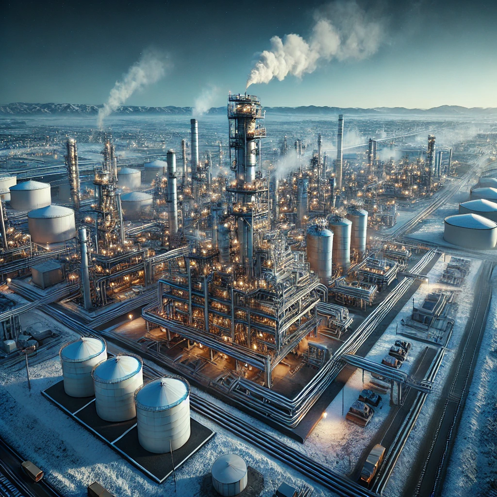 DALL·E 2025-02-01 13.45.18 - A highly detailed and realistic image of a large oil refinery plant in Canada. The scene includes industrial structures such as distillation towers, s