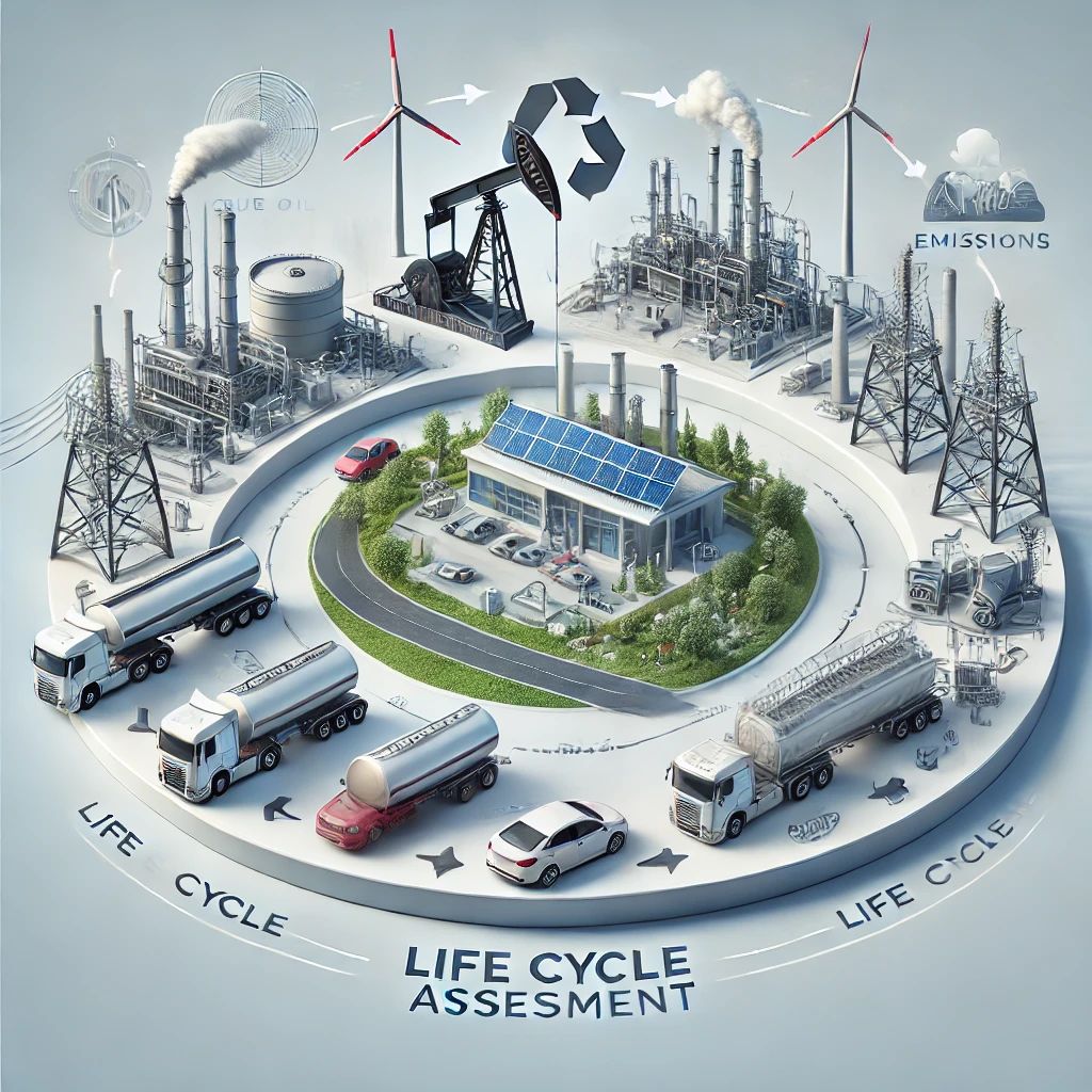 DALL·E 2025-02-01 20.29.14 - A highly realistic and professional illustration representing the life cycle assessment for fuels. The image includes key stages like crude oil extrac