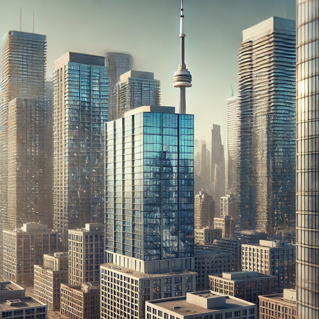 DALL·E 2025-02-03 13.34.32 - A highly realistic close-up photograph of a few downtown Toronto buildings with the CN Tower in the frame. The image captures modern skyscrapers with