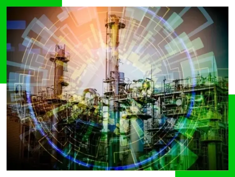 Industrial plant with digital overlay, abstract design.